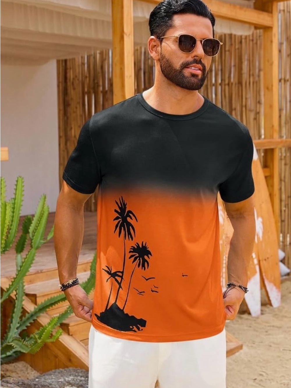 Men's XL Black & Orange Palm-Print Crew T-Shirt